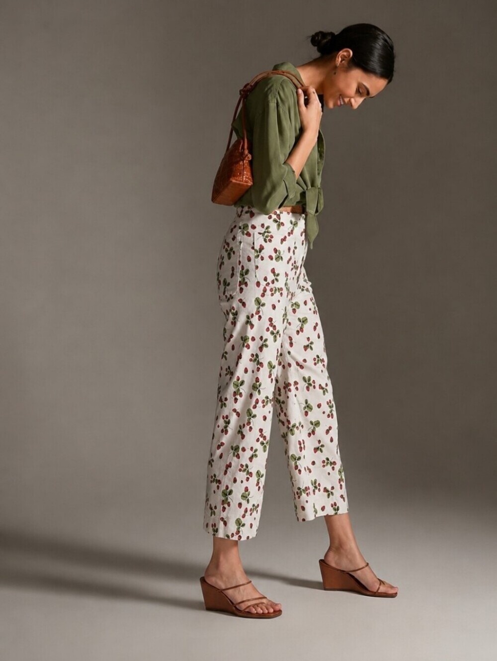 Maeve Colette Crop Wide Leg Linen Blend Pants Strawberry Print Size 25